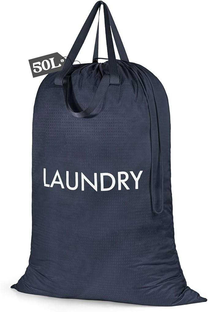 Heavy Duty Laundry Bag, Washable Nylon, Splash-Resistant Dirty Clothes Storage Bag with Drawstring & Handles丨Lightweight, Foldable & Space-Saving for College Dorm, Camping, Trips, Cruise, 50L,Navy