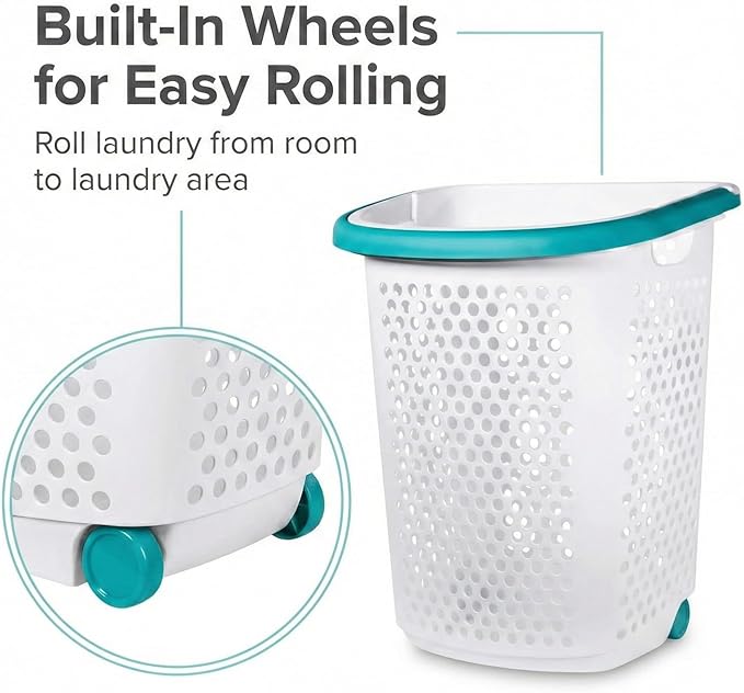 2 Bushel Rolling Laundry Hamper with Wheels & Retractable Handle, Large Capacity Plastic Laundry Basket on Wheels, Airy Hollow Design, White with Teal Accents, 15.47 x 20.11 x 25.00 Inches