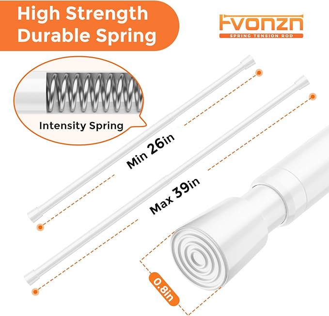 FVONZON Tension Curtain Rod White Spring Tension Curtain Rods 26-39 inch 2Pack Adjustable Spring Rods Extendable Tension Rod For Closet, Window, Kitchen,Bookshelf,Bathroom
