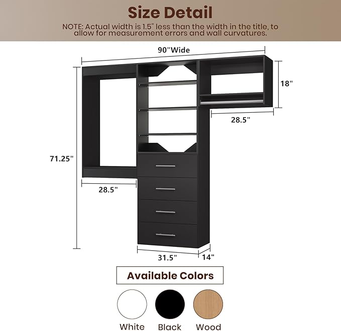 ROOMTEC Modular Closet System, 90" Wall Mounted Closet Organizer with Hanging Rods and Drawers, Modern Wooden Tower for Walk-In Closets, Wardrobe Storage Kit, Black