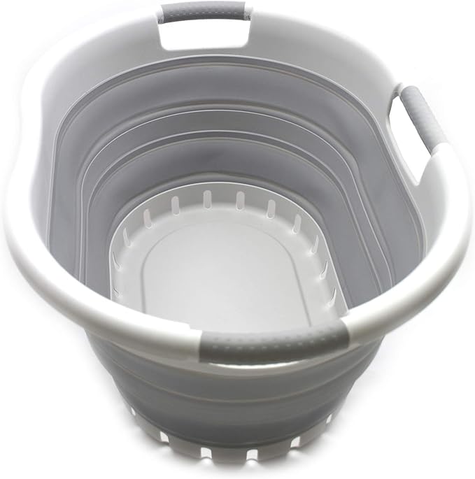 SAMMART 36L (9.5 gallon) Collapsible 3 Handled Plastic Laundry Basket-Foldable Pop Up Storage Container/Organizer-Space Saving Basket (3 handled Oval, Grey/Grey)