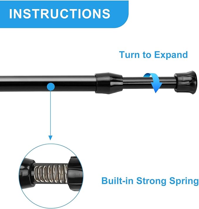 2 Pack Tension Curtain Rod 15.7-28 Inch, Small Short Adjustable Extendable Spring Loaded Rods for Windows Cabinet Blinds Closet Bedroom Kitchen Bathroom Door No Drilling, Black