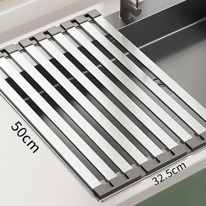 Stainless Steel Roll up Dish Drying Rack, Over Sink Foldable Kitchen Mat, 45cm x 32.5cm Rollable Sink Drainer, Space-Saving Design