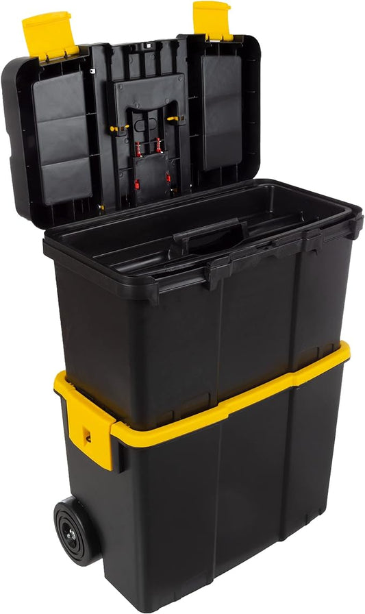 Portable Tool Box with Wheels - Stackable 2-in-1 Tool Chest with Fold-Down Comfort Handles, Tough Latches, and Removable Storage Trays by Stalwart