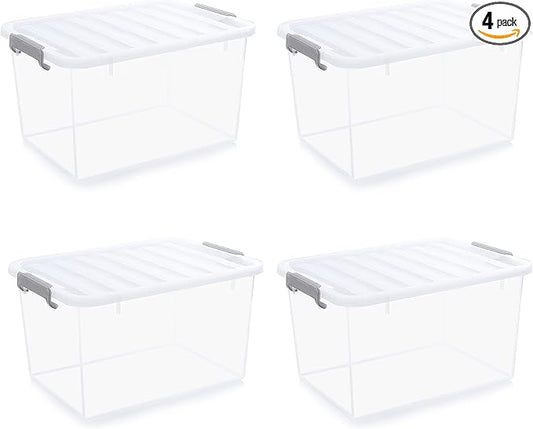 Citylife 44.4 QT Plastic Storage Bins with Latching Lids Stackable Storage Containers for Organizing Large Clear Storage Box for Garage, Closet, Kitchen, 4 Packs