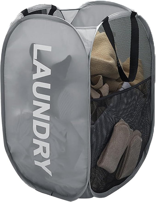 Mesh Laundry Hamper Pop Up Laundry Hamper Collapsible Laundry Basket with Carry Handles, Large Side Pocket for Bedroom, Student Dorm, RV, Cruise, Grey