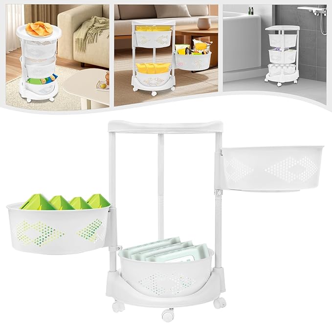 Fruit Basket for Kitchen, 5 Tier Circular Rotating Basket Large Storage Rack with Wheels, Standing Shelf Storage, Multi-Layer Storage Shelves with Top Lid for Living Room, Office, White (3-Tier)