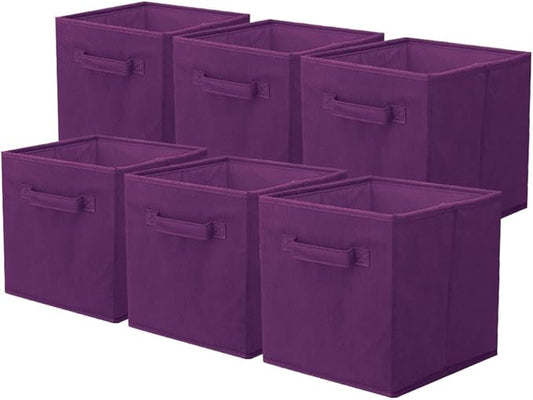 PowerKing Collapsible Storage Cubes with Handles, Fabric Foldable Bins for Closet Shelves, Durable Organization Storage Bins, 10.5'' x 11'' x 10.5'', 6 Pack, Dark Purple