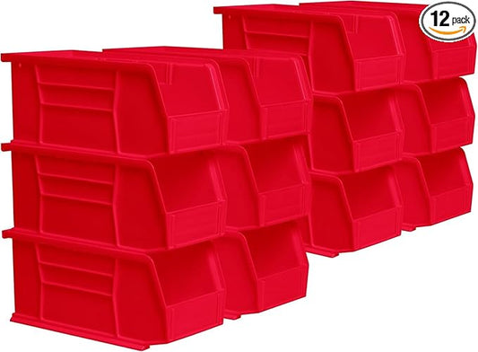 Akro-Mils 30230 AkroBins Plastic Storage Bins, Space-Saving Stackable Bins for Garage, Pantry, Craft Organization, 11" x 5" x 5", Red, 12-Pack