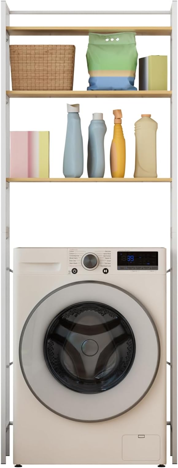 Multi-Tier Over Washer Dryer Storage Rack - 50LBS Capacity Carbon Steel Organizer with Hanging Rod, Anti-Tip & Anti-Slip for Laundry Room Kitchen Bathroom White