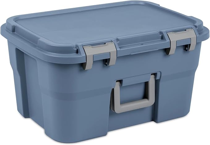 14 Gallon Heavy Duty Plastic Footlocker Storage Bin with Lockable Lid and Handle, Blue, 23.125" x 17.75" x 12