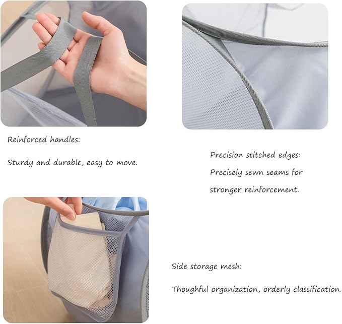 Mesh Laundry Hamper Basket, Sturdy 3 Compartments Laundry Basket, Foldable Pop up Laundry Hamper with Side Pocket for Laundry Room, Bathroom, Kids Room, College Dorm or Travel, Gray