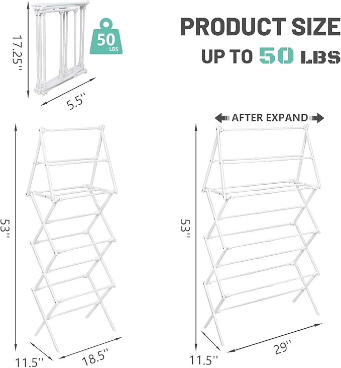ZOES HOMEWARE 4 Tier Clothes Drying Rack Foldable | Foldable Clothing Drying Rack | Laundry Drying Rack Collapsible for Laundry Room, Dorm, Expandable Sturdy Metal Design | White 29"L x 11.5"W x 53"H
