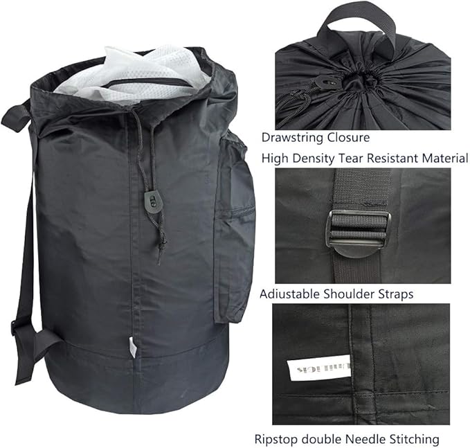 Washable Laundry Bag Backpack with Zipper Pocket, Heavy Duty Clothes Bag, 2 Strong Adjustable Shoulder Straps with Drawstring Closure for Travel, Camping or College, Black