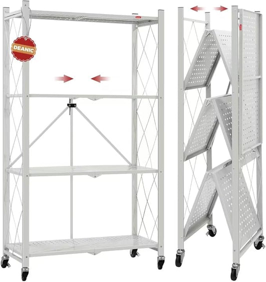 DEANIC 4 Tier Foldable Storage Shelves with Wheels, Large Capacity Shelving Unit, Freestanding Metal Wire Shelf Rack, No Assembly Organizer Rack for Garage Kitchen, Basement, Pantry(Grey)