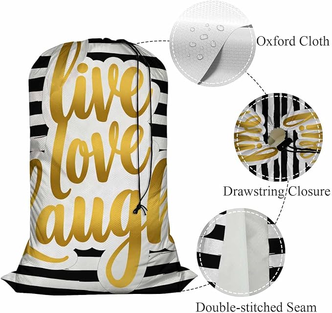 Swono Funny Quote XL Laundry Bags, Drawstring Closure Dirty Clothes Bag Organizer, Heavy Duty Large Laundry Bag, Gold Lettering Live Love Laugh Rip-Stop Bags for Camp Travel, 28" x 40"