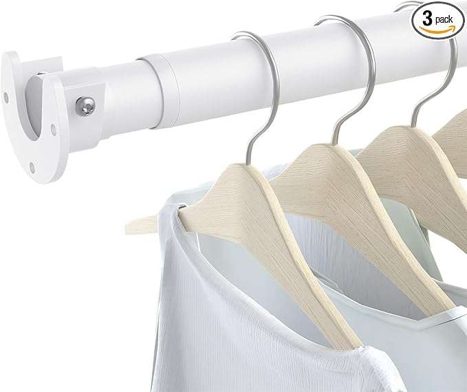 3 Pack Closet Rods for Hanging Clothes, 17 to 54 Inch Heavy Duty Stepless Adjustable Closet Hanging Rod, 1.3 Inch Diameter Metal Closet Rod for Wardrobes Laundry Bedroom RV, White