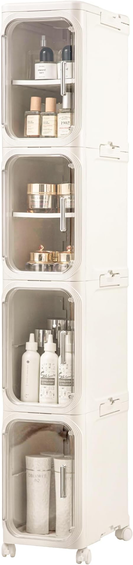 4-Tier Slim Tall Narrow Bathroom Storage Cabinet with Adjustable Shelves and Movable Wheels, Magnetic Doors, Plastic Storage Cabinets for Small Space, Cream White