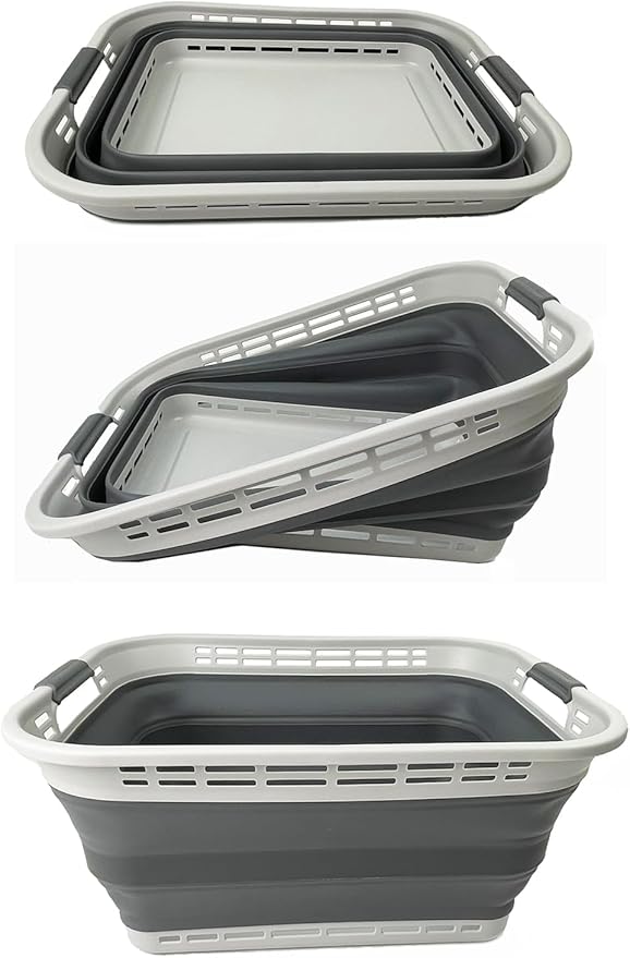 SAMMART 42L (11 gallons) Collapsible Plastic Laundry Basket - Portable Pop Up Storage Container/Organizer - Portable Hamper - Space Saving Easy Storage (Grey/Steel Grey (Set of 2))
