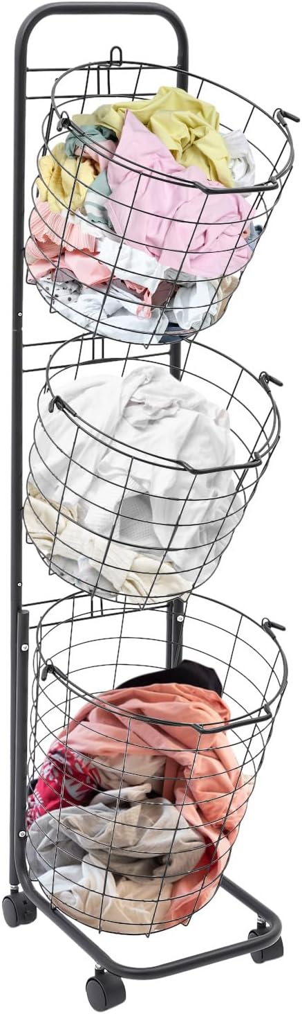 Laundry Basket on Wheels,3 Tier Large Laundry Hampers,10.4 * 13 * 48.4inch Clothing Sorting Laundry Baskets,Metal Sorter Storage Trolley shelf basket with wheel for Bathrooms Bedrooms （Black）