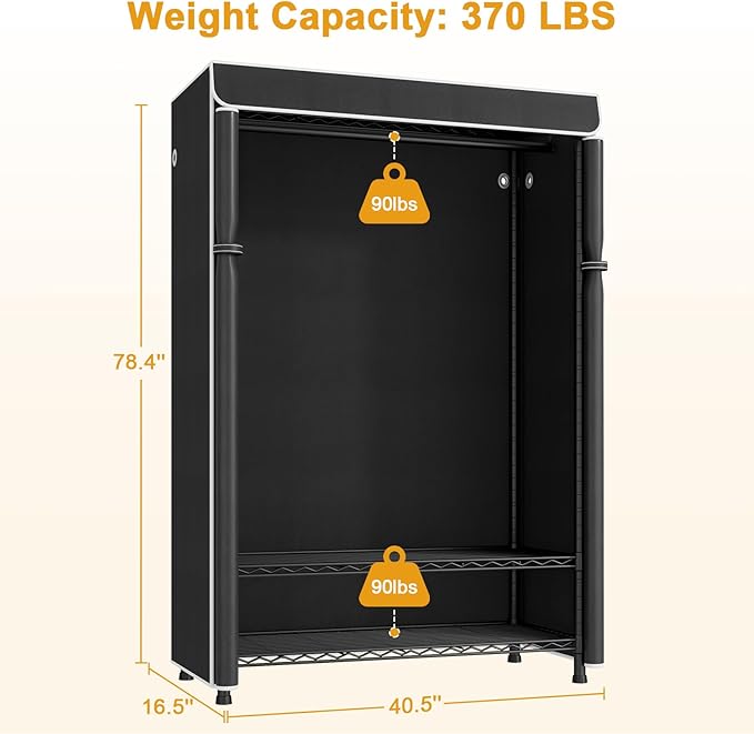 ULIFHOME H5C Plus Clothes Rack with Cover, Portable Closet for Hanging Clothes, Covered Clothing Racks Heavy Duty, 3-Tiers Garment Rack with Shelves Max Load 370LBS Black Closet Rack with Black Cover