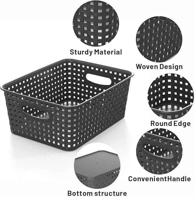 9-Pack Plastic Woven Storage Baskets Set -Grey Organizer Bins for Shelves, Kitchen Pantry, Bathroom, Office | 10.1"L x 7.55"W x 4.1"H | Multi-Purpose Shelf Basket Organizers