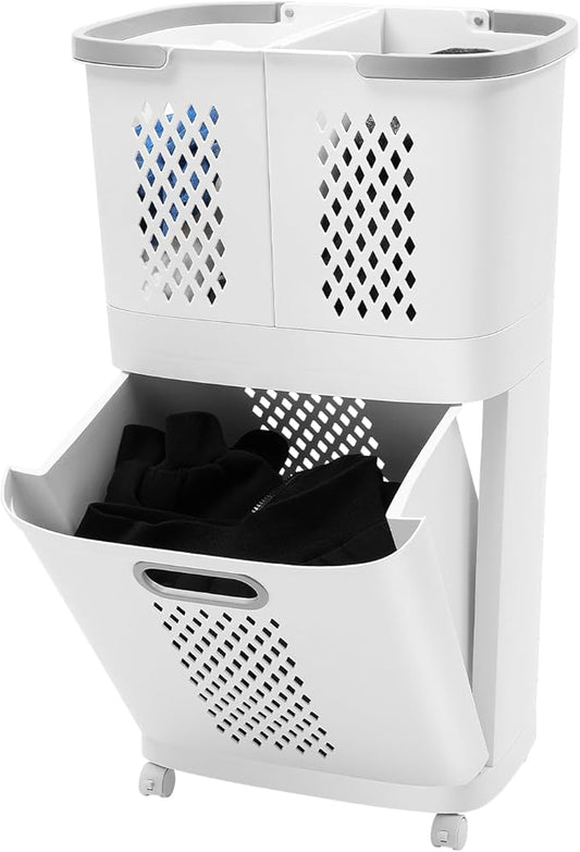 2-Layer Rolling Laundry Hamper, Wheeled Laundry Sorter Removable Laundry Basket, Thick Storage Rack Classification Compact 17x12in Tiered Hamper 4 Partitions for Dorms, Bathrooms