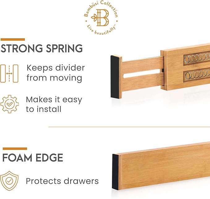 4-Pack Bamboo Drawer Dividers - Fits Drawers 12.2 to 17.3 Inches Deep, 2.6 Inch High, 0.6 Inch Thick, Expandable Drawer Organizers Separators for Clothes, Dresser, Bedroom, Kitchen, Bathroom, Office