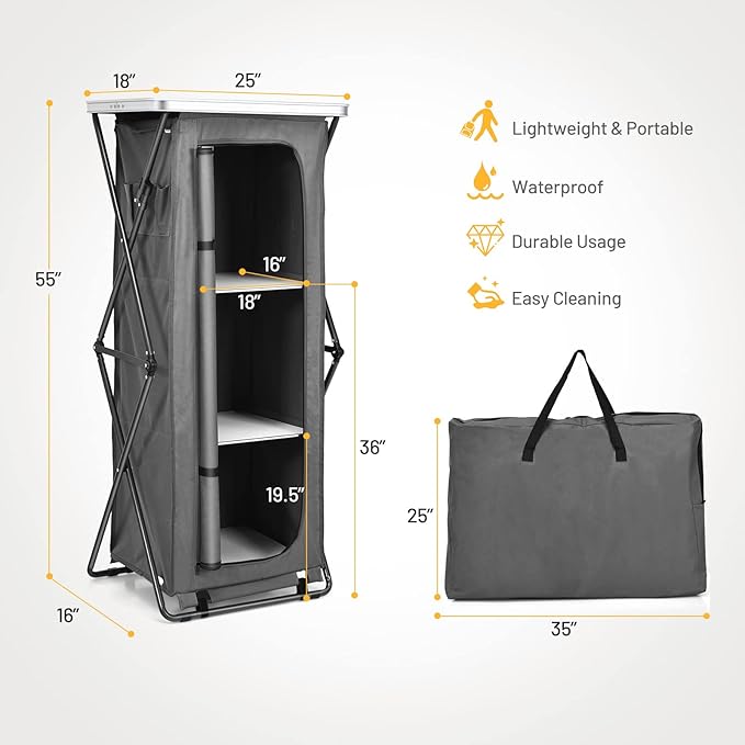 Giantex Folding Camping Storage Cabinet with 3 Shelves and Carry Bag, Portable Outdoor Organizer Kitchen Table, Quick Set-up for BBQ, Picnic, Backyard, Compact Pop-Up Cupboard, 55''H