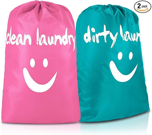 Shappy 2 Pcs XL Clean Laundry Bags Nylon Travel Laundry Bag with Drawstring Machine Washable Dirty Clothes Organizer Bag Storage Bags for Hamper or Basket, 23.6 x 17.7 Inch(Pink, Lake Blue)