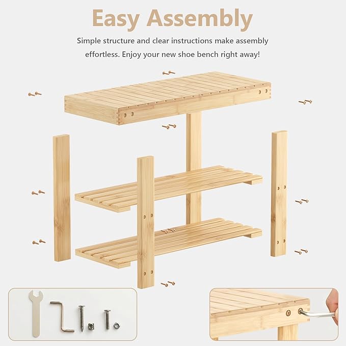 Sweetcrispy Shoe Rack Bench, 3-Tier Bamboo Entryway Storage Organizer, 286lb Capacity, Shoes Stand for Front Door Entrance, Bedroom, Living Room, Bathroom, Balcony, 11.3 x 27.6 x 17.8 Inches, Wood