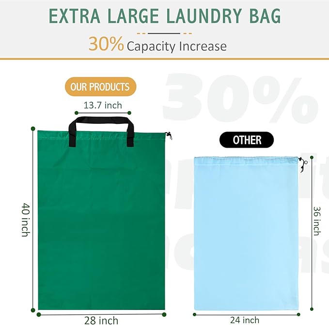 Isink Extra Large Laundry Bag With Handles, Heavy Duty, Travel Laundry Bag for Dirty Clothes, 28" x 40" (Green)