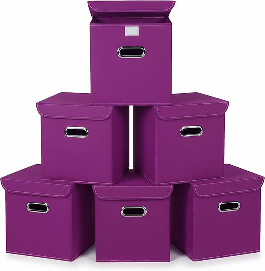 Closet Organizers Fabric Storage Bins With Lids Collapsible Cube Storage Organizer Basket With Handles,Storage Boxes for Clothes Storage,Office,Laundry,Shelves,6 Pack,（Purple）