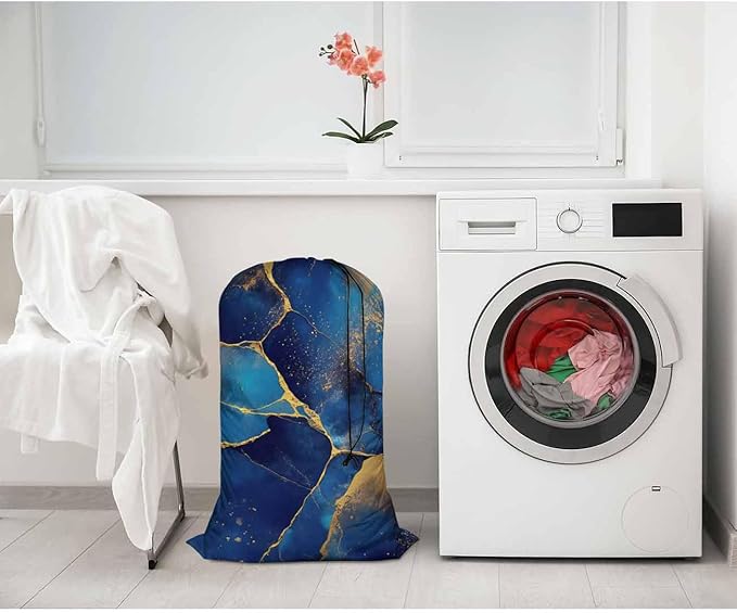 Swono Abstract Fluid Art Large Capacity Laundry Hamper Basket Alcohol Ink Painting Golden Swirls Storage Baskets for Bedroom, Bathroom, Dorm, Washing Room, Oxford Cloth, Blue