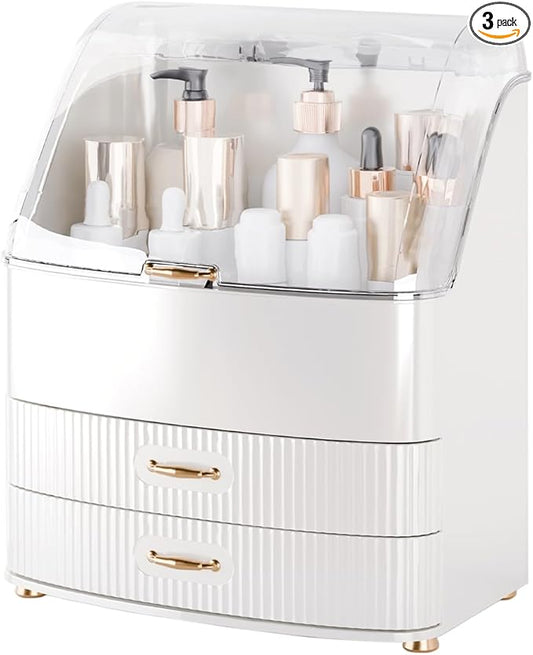 Makeup Organizer Countertop Vanity with Transparent Lid Drawers Waterproof Dustproof Cosmetic Skincare Bathroom Storage Gift for Women Teens Girls (Whtie)