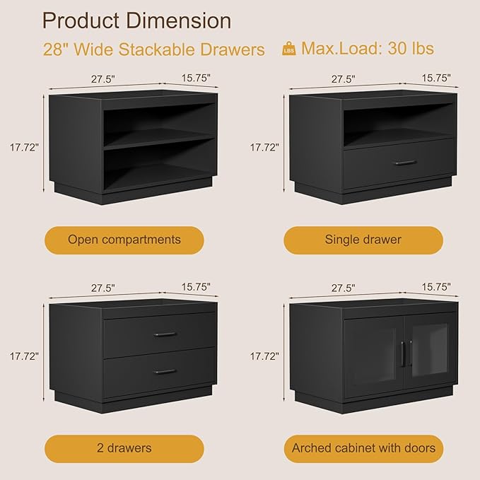 Stackable Storage Drawers,28" Wide Storage Bins w/Drawers and Compartment, Wood Stackable Organizer Modern Large Stackable Storages Units for Living Room Hallway (Black)