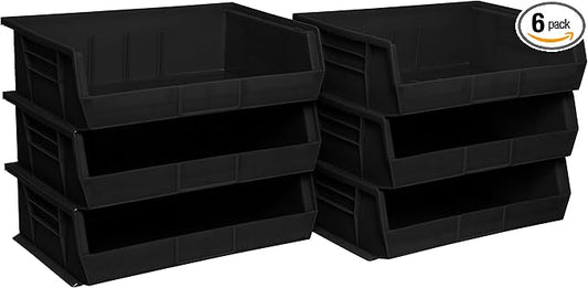 Akro-Mils 30255 AkroBins Plastic Storage Bins, Space-Saving Stackable Bins for Garage, Pantry, Craft Organization, 11" x 16" x 5", Black, 6-Pack