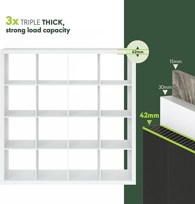 Furinno Cubicle Book Shelf, 16-Cube Bookshelf, Triple Thick Frame Cube Storage Organizer, 1.65" Bookcase, 15.4 x 57.4 x 56.9, for Home Office, Living Room, Plain White
