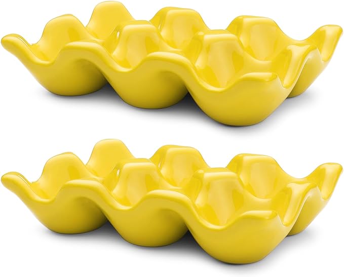 Flexzion Porcelain Egg Crate - 6-Capacity Ceramic Tray, Half Dozen Holder for Fridge, Countertop Display - Yellow Decorative Serving Dish and Storage Organizer, 2 Pack