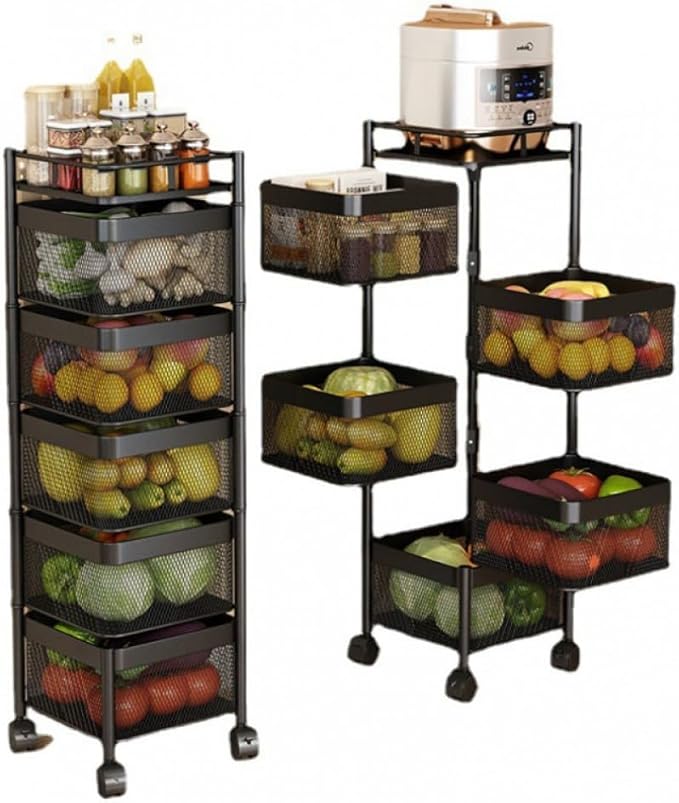 Rotating Rack with Lockable Casters & Removable Stainless Steel Basket, Fruit & Vegetable Storage Rack for Kitchen, Bathroom or Bedroom (Black, 5 Tier)