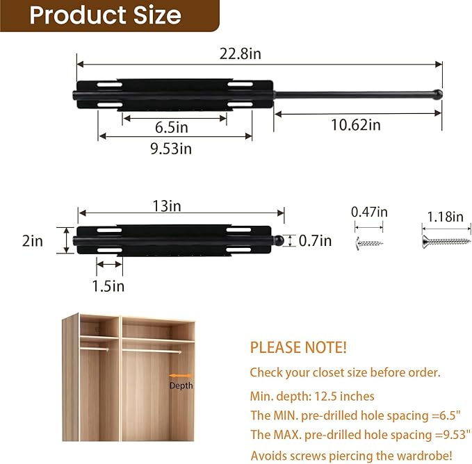 13" Valet Rod for Closet Pull Out with 4 Hooks, Retractable Valet Rod for Bedroom, Laundry Room, Bathroom(Black)
