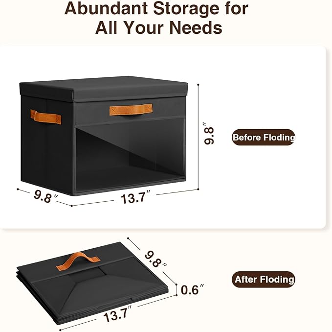 Homsorout Large Storage Bins with Lids - 6 Pack Foldable Decorative Organizers with Clear Windows & Handles, Cube Storage Organizers for Clothes, Blankets, Sweaters, Sheets, Black