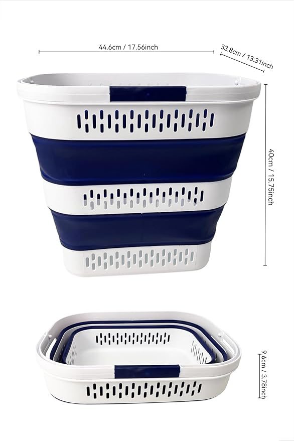SAMMART 38L (10 Gallon) Collapsible Plastic Laundry Basket - Portable Pop-Up Storage Container/Organizer – Foldable Space Saving Laundry Hamper (2, White/Starry Blue)