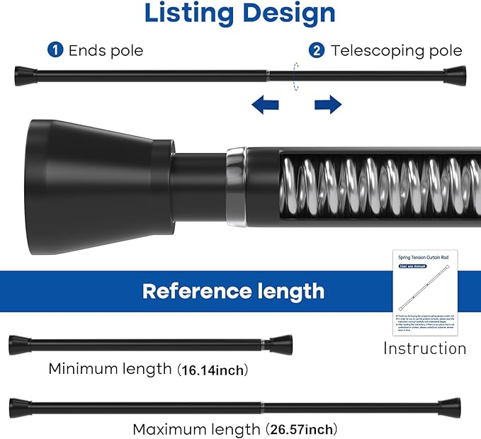 Black Tension Rod 16 to 26 Inch 2 Pack Small Tension Rod Adjustable Curtain Rod Spring Rod No Drilling Expandable Pressure Curtain Rods for Bathroom,Doorway,Door