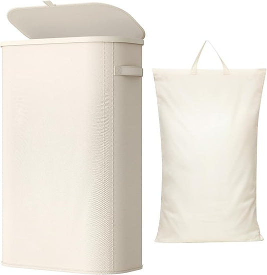 Lifewit 65L Slim Laundry Basket with Lid, Narrow Large Laundry Hamper with Plastic Handles and Removable Bag, Tall Foldable Dirty Clothes Hampers for Laundry Room, Bedroom, Bathroom, Dorm, White