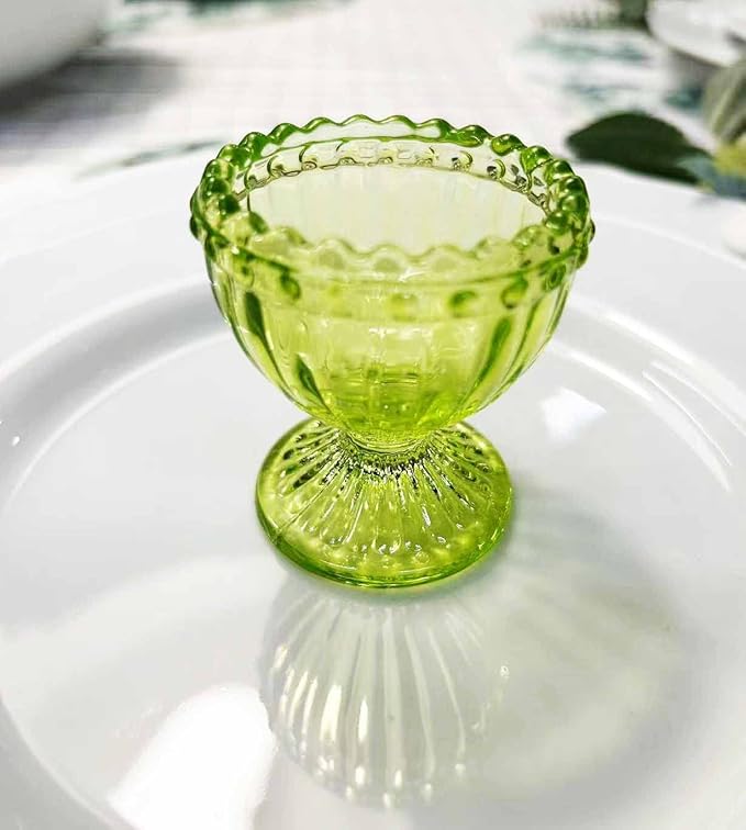 KiaoTime Green Glass Easter Egg Cup for Soft or Hard Boiled Egg Holder - Set of 2 Egg Holders for Breakfast Brunch, Kitchenware, Easter Decoration Egg Cup for Spring Home Party Tableware Decor Favors