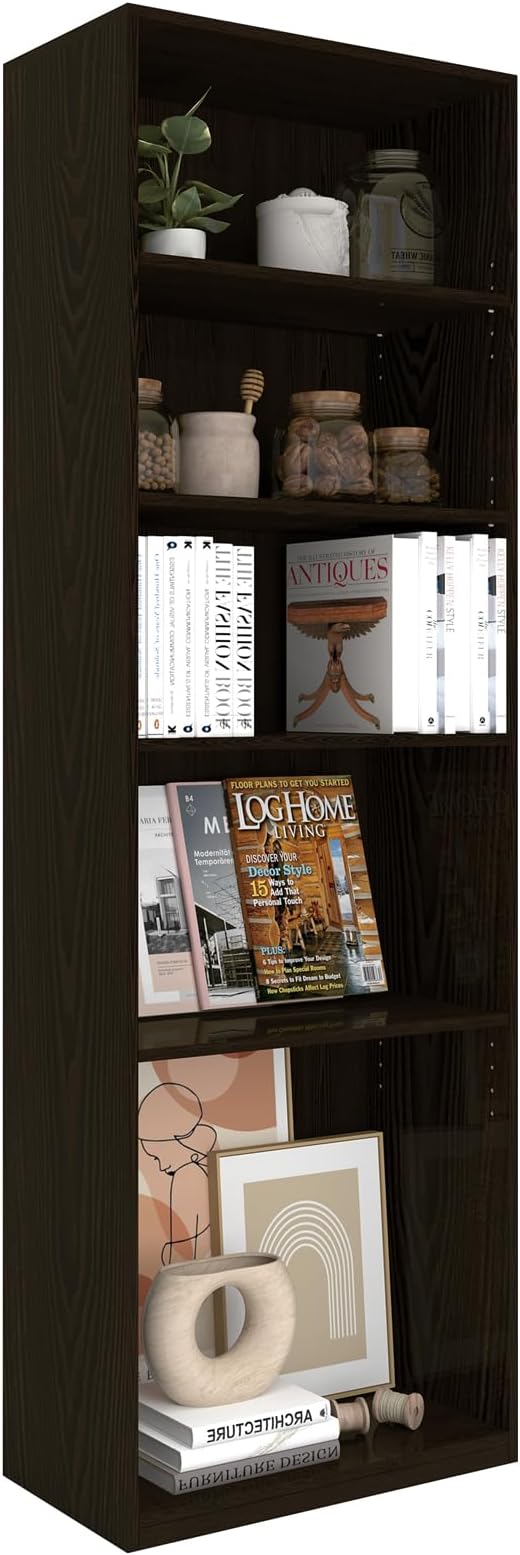 CTESNE【2026 Adjustable Shelves 5-Tier Bookcase, 71 inches, Wooden Open Display Floor Bookshelf (Chocolate Color)