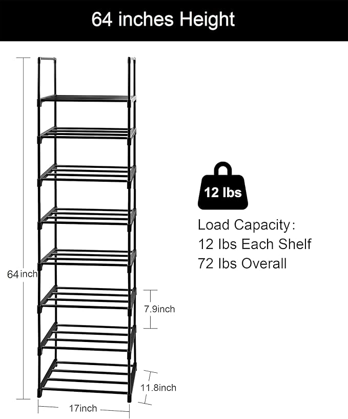 8 Tier Metal Sturdy Shoe Rack, 8 Tier Tall Shoe Storage Organizer, Narrow Tall Shelf Organizer for Entryway, Closet, Bedroom