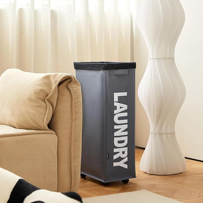 per with HandleSlim Laundry Basket on Wheels, Foldable Narrow Corner Clothes Storage Bins，Tall Laundry Bin for Laundry Room, Dorm and Bedroom，(Dark Grey)