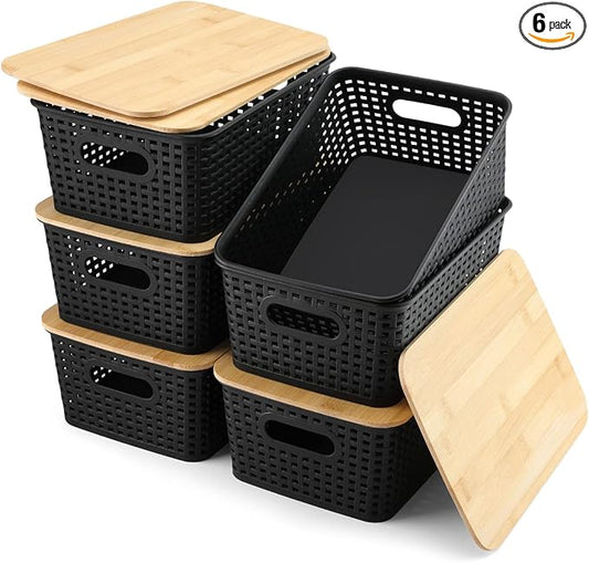 AREYZIN Storage Bins with Bamboo Lids Set of 6 Lidded Storage Container Plastic Baskets Organizer Bins for Organizing Kithen Room Bedroom Office Closet, Sturdy(Black)